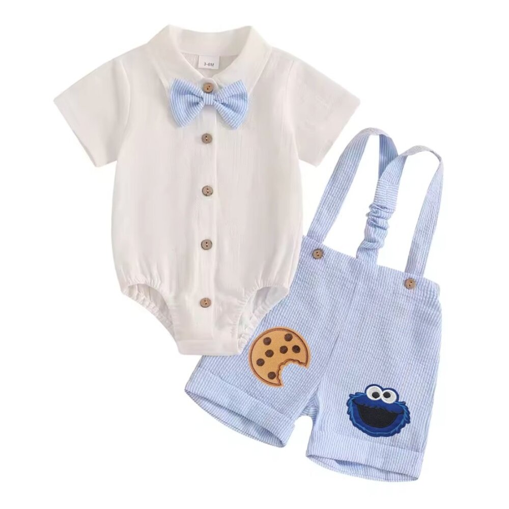 Cookie Monster outfit Boy First Birthday Sesame Street Outfit Clothes Suspenders - Picture 2 of 8